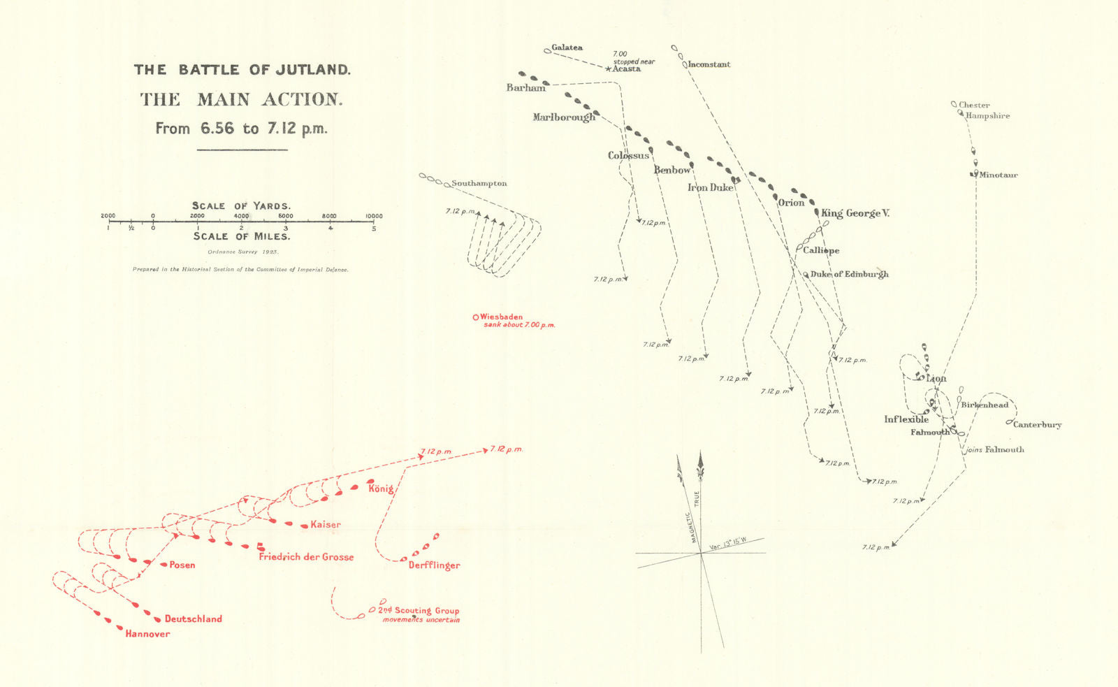 Battle of Jutland. Main Action. 6.56-7.12 pm 31 May 1916. WW1. 1923 old map
